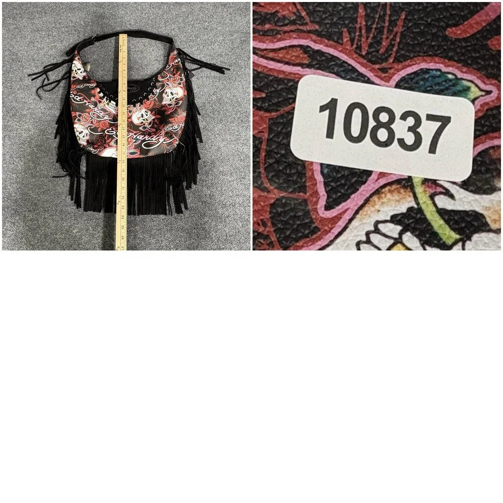 Ed Hardy Hobo Bag Womens Large Red Black Skull Rose Fringe Adjustable Print Y2K